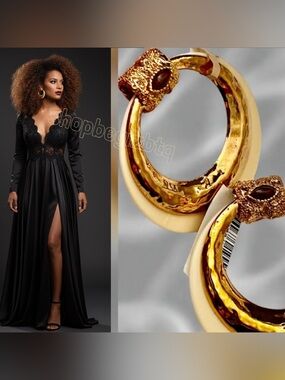 Gas Bijoux Authentic Meknes 24KGold Plated Hoop Earrings Marquise Glass Cabochon